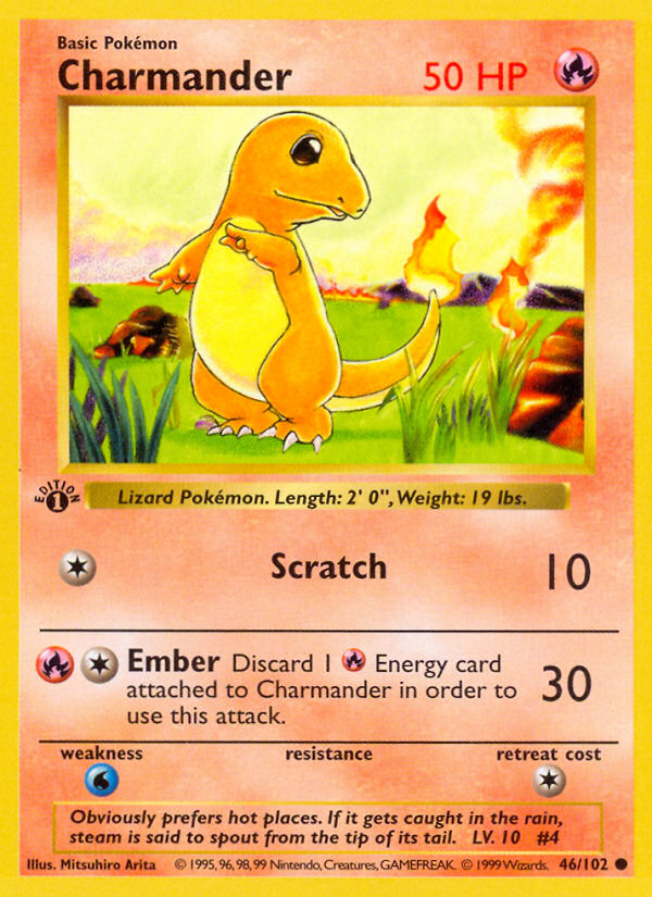 46 102 pokemon card TCG | Charmander #46/102 - PSA 9 [1] Scratch (10) [1R] Ember (30) Discard 1 Fire Energy card to use this attack. 1995 CHARMANDER POKEMON CARD 46/102