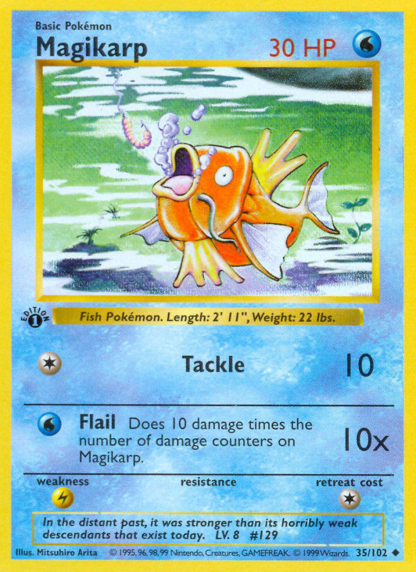 shadowless pokemon card prices Base Set Complete Master Set (102/102) 1999 proof acrylic case and featuring a striking image of the captivating character Magikarp (35/102) (Shadowless) [Base Set