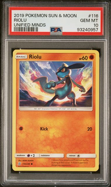 PSA 10 - 2019 Pokemon Sun & Moon Unified Minds 116/236 Riolu