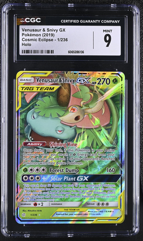 Pokemon Venusaur & Snivy GX Tag Team 2019 S&M Cosmic Eclipse 1/236 CGC Mint 9
