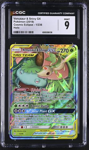 Pokemon Venusaur & Snivy GX Tag Team 2019 S&M Cosmic Eclipse 1/236 CGC Mint 9
