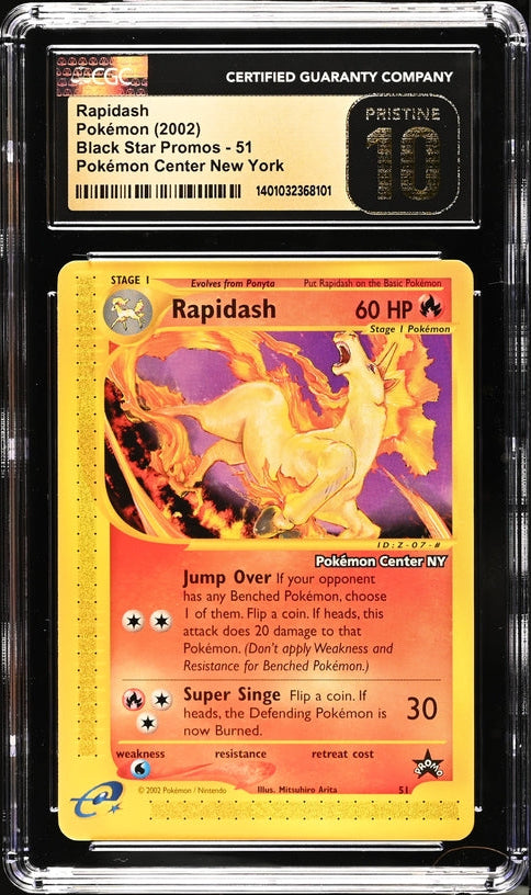CGC 10 PRISTINE - 2002 WOTC Black Star Promo "Pokemon Center NY" Rapidash # 51