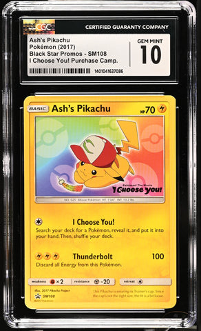 Pokemon Ash's Pikachu I Choose You! Black Star Promo SM108 CGC Gem Mint 10
