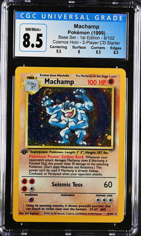 Pokemon 1st Edition Base Set Machamp Holo Swirl 8/102 - CGC 8.5 NM/MT+ w/ Sub-Grades
