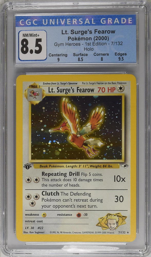 CGC 8.5 - 2000 Gym Heros Lt. Surge's Fearow 7/132 1ST EDITION HOLO