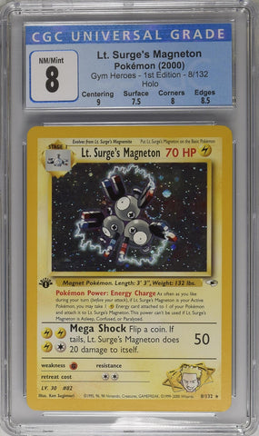 Pokemon 1st Edition Gym Heros Lt. Surge's Magneton Holo Swirl 8/132 - CGC 8 NM/MT w/ Sub-Grades
