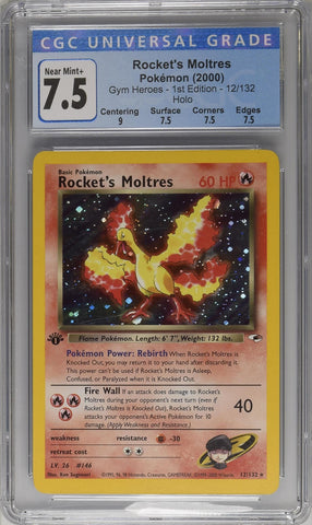 Pokemon 1st Edition Gym Heros Rocket's Moltres Holo 12/132 - CGC 7.5 NM+ w/ Sub-Grades