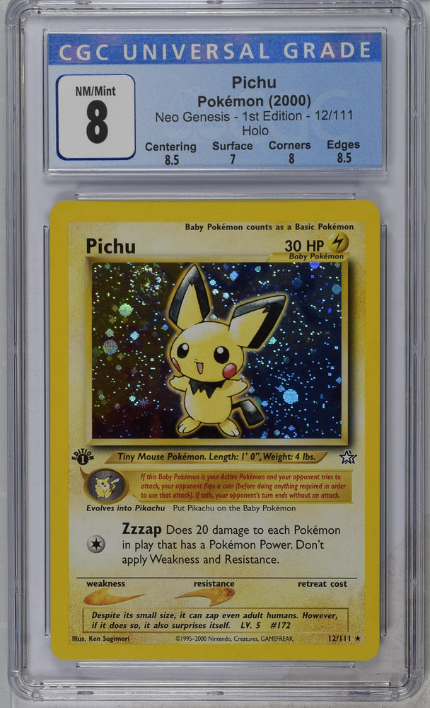 CGC 8 NM/MT - 2000 Neo Genesis Pichu 12/111 1ST EDITION HOLO SWIRL