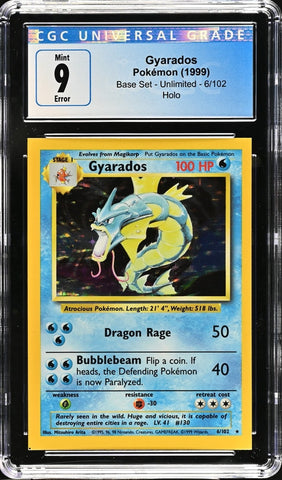 CGC 9 - 1999 GYARADOS 6/102 ERROR Square Cut HOLO Base Set Pokemon Card