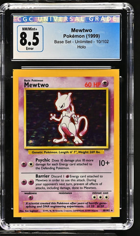 CGC 8.5 - 1999 Base Set Mewtwo 10/102 ERROR Square Cut HOLO Base Set Pokemon Card