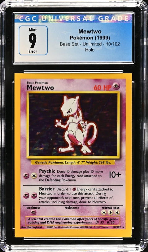 CGC 9 - 1999 Base Set Mewtwo 10/102 ERROR Square Cut HOLO Base Set Pokemon Card