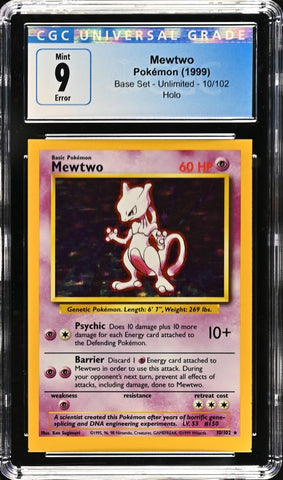 CGC 9 - 1999 Base Set Mewtwo 10/102 ERROR Square Cut HOLO Base Set Pokemon Card