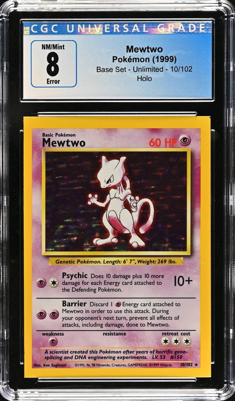 CGC 8 - 1999 Mewtwo 10/102 ERROR Square Cut HOLO Base Set Pokemon Card