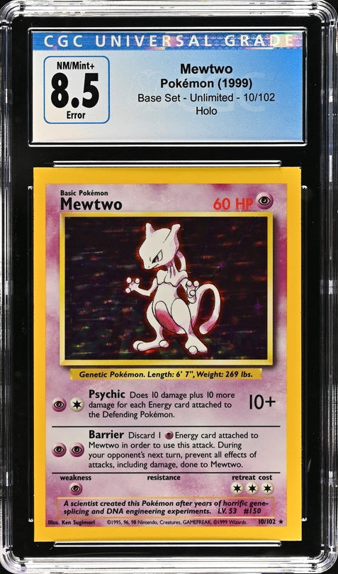 CGC 8.5 - 1999 Mewtwo 10/102 ERROR Square Cut HOLO Base Set Pokemon Card