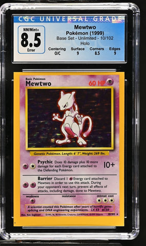 CGC 8.5 - 1999 Base Set Mewtwo 10/102 O/C ERROR Square Cut HOLO Base Set Pokemon Card
