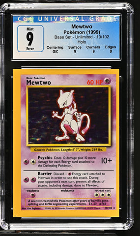 Pokemon Mewtwo Holo Rare Off-Center Square Cut Error Base Set 10/102 CGC 9 w/Sub-Grades