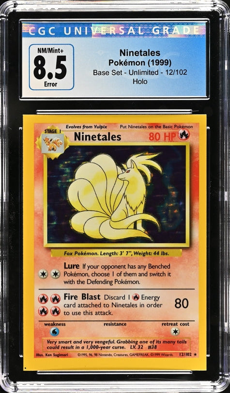 CGC 8.5 - 1999 NINETALES 12/102 ERROR Square Cut HOLO Base Set Pokemon Card