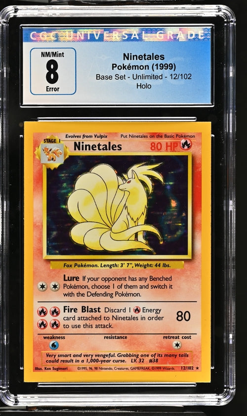 CGC 8 - 1999 Base Set NINETALES 12/102 ERROR Square Cut HOLO Base Set Pokemon Card