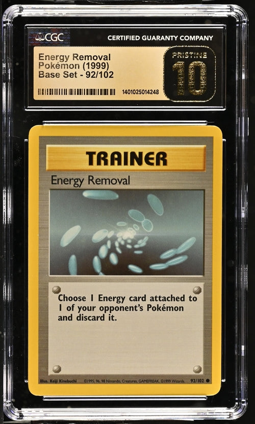 CGC 10 PRISTINE - 1999 Pokemon Base Set Energy Removal 92/102 Pokemon Card