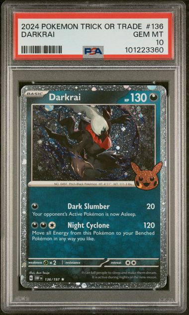 PSA 10 - 2024 Trick or Trade Darkrai 136/197 Halloween Stamped Cosmos Holo Pokemon Card