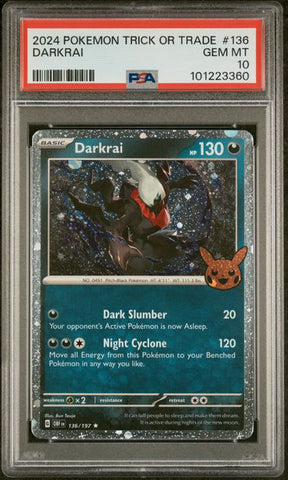 PSA 10 - 2024 Trick or Trade Darkrai 136/197 Halloween Stamped Cosmos Holo Pokemon Card