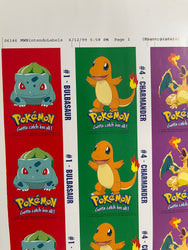 1999 Pokemon MW Nintendo Labels Uncut Sheet