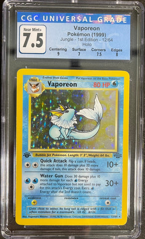 Pokemon 1st Edition Jungle Vaporeon Holo 12/64 - CGC 7.5 NM+ w/ Sub-Grades