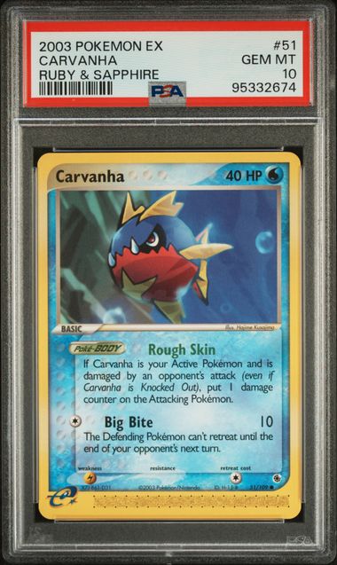 PSA 10 - 2003 EX Ruby & Sapphire Carvanha 51/109 Pokemon Card PSA 10 - 2003 EX Ruby & Sapphire Carvanha 51/109 Pokemon Card