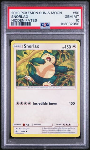 PSA 10 - 2019 Sun & Moon Hidden Fates Snorlax 50/68 Pokemon Card