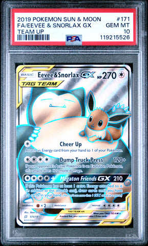 Pokemon Eevee & Snorlax GX Tag Team Team Up 171/181 PSA 10