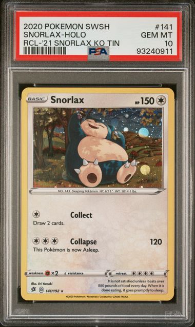 PSA 10 - 2020 Pokemon Sword & Shield Rebel Clash 141/192 Snorlax Knockout Tin Holo