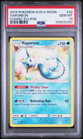 PSA 10 - 2019 Sun & Moon Cosmic Eclipse Vaporeon 42/236 Pokemon Card
