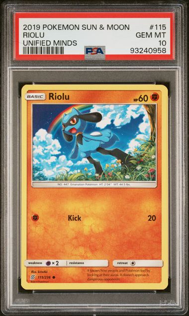 PSA 10 - 2019 Pokemon Sun & Moon Unified Minds 115/236 Riolu