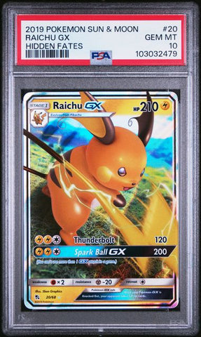 PSA 10 - 2019 Sun & Moon Hidden Fates Raichu GX 20/68 Pokemon Card