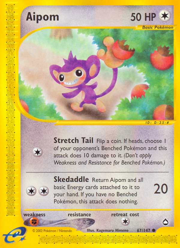 pokemon card aipom HS Unleashed Single Card Common 43/95 Colorless Slap (30) Weakness Fighting 2 Resistance None None Retreat Cost Aipom Sticker & Energy Pokmon