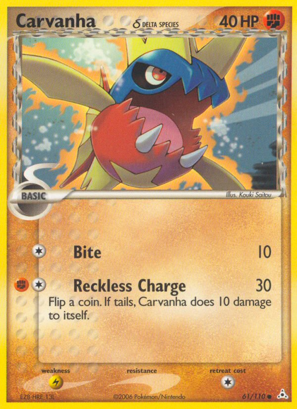 carvanha pokemon card (61/110) (Delta Species) [EX: Holon Phantoms] Style:Squirreled Away Other Listed cards may have Type: Creature, Colors: White,