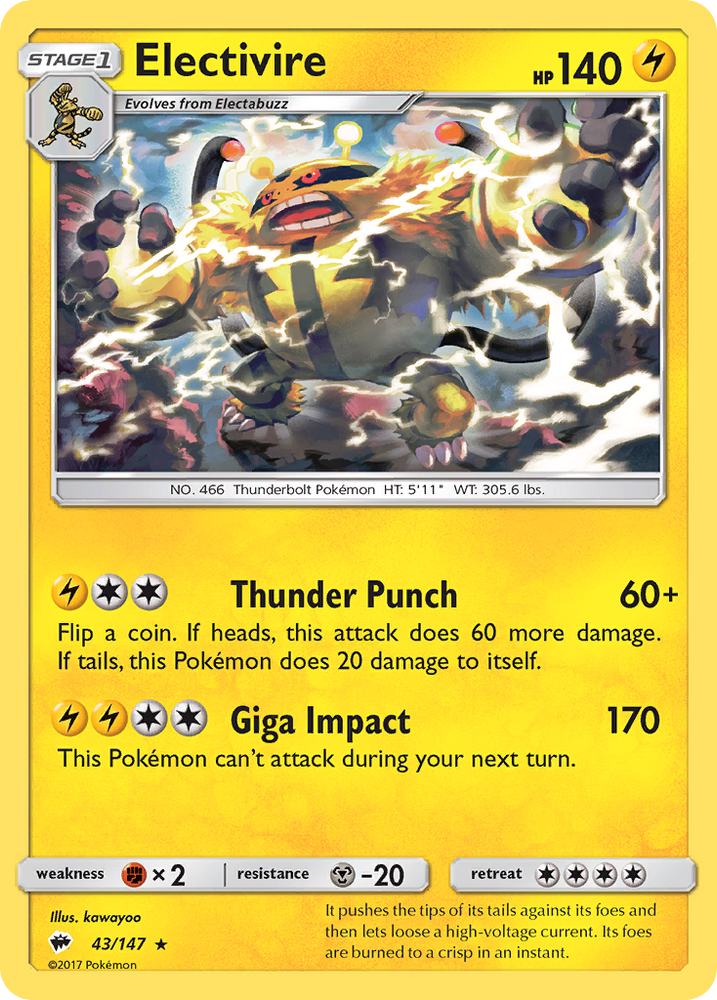 Pokemon Burning Shadows Electivire #43 Pokemon Burning Shadows Electivire #43