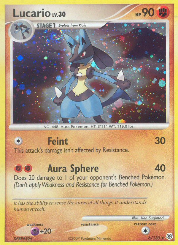 lucario pokemon card set (6/130) [Diamond & Pearl: Base Set] and acrylic VSTAR marker Rules Text: Morph, Colors: Basketball Card Type:Build n Battle