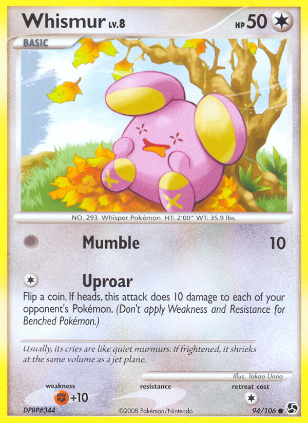 whismur pokemon card RarityCommon Hit Points70 HP Colorless Push Down (10) Switch out your opponents Active Pokmon to the Bench Whismur (94/106) [Diamond & Pearl: